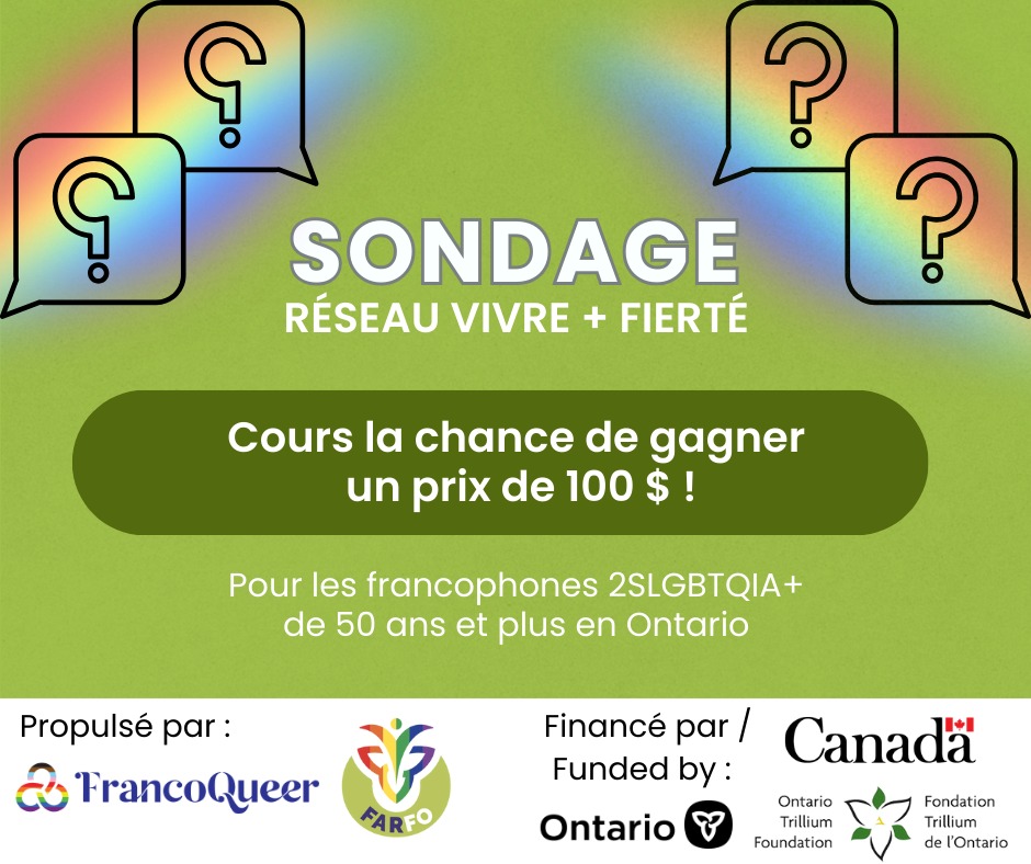 Quatre bulles de paroles avec chacun un point d’interrogation à l’intérieur apparaissent sur un fond arc-en-ciel. En dessous ce trouve le texte suivant : Sondage Réseau Vivre Plus Fierté. Cours la chance de gagner un prix de 100 $! Pour les francophones 2SLGBTQIA+ de 50 ans et plus en Ontario. En dessous du texte se trouvent des logos et des reconnaissances. Le texte « Propulsé par » est suivi par le logo de FrancoQueer et celui de la FARFO, en variante arc-en-ciel. Le texte « Financé par » et en anglais « Funded by » est suivi par les logos des gouvernements du Canada et de l’Ontario, en plus du logo bilingue de la Fondation Trillium de l’Ontario.